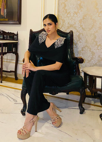 Dark Black Dahlia Flare Jumpsuit